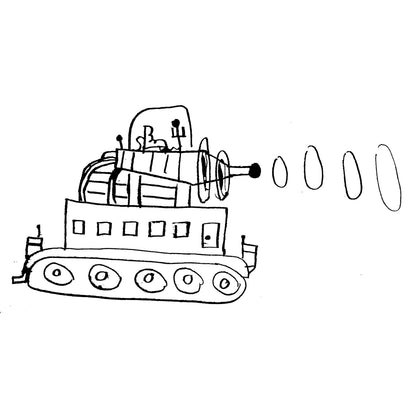 Simple black and white line drawing of a tank with a flag on a white background