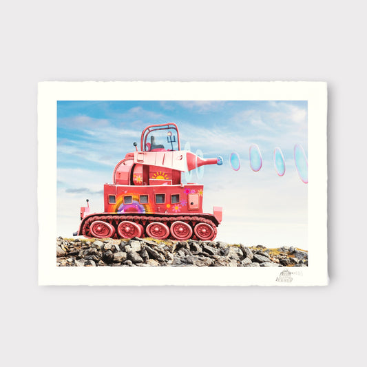Colorful illustration of a red vehicle on rocks with a blue sky background