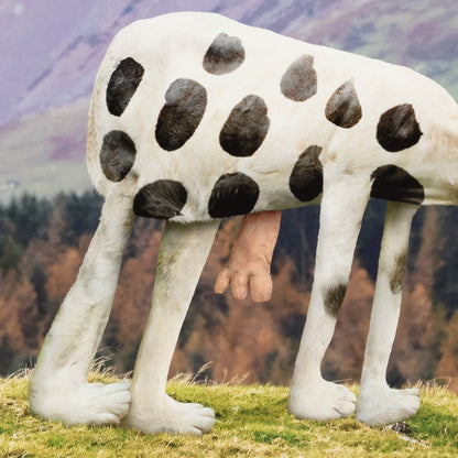 White creature with black spots standing on grass with mountains in the background