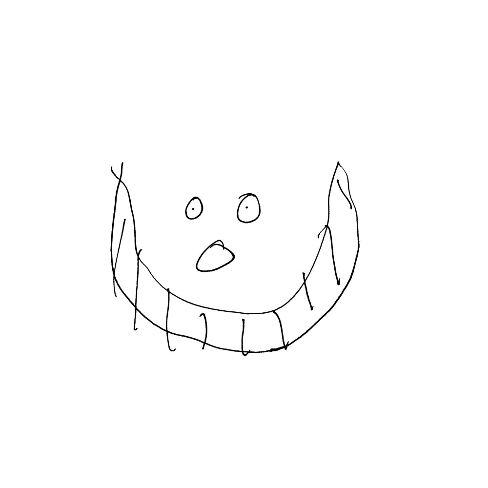 Simple black line drawing of a face with a wide grin on a white background