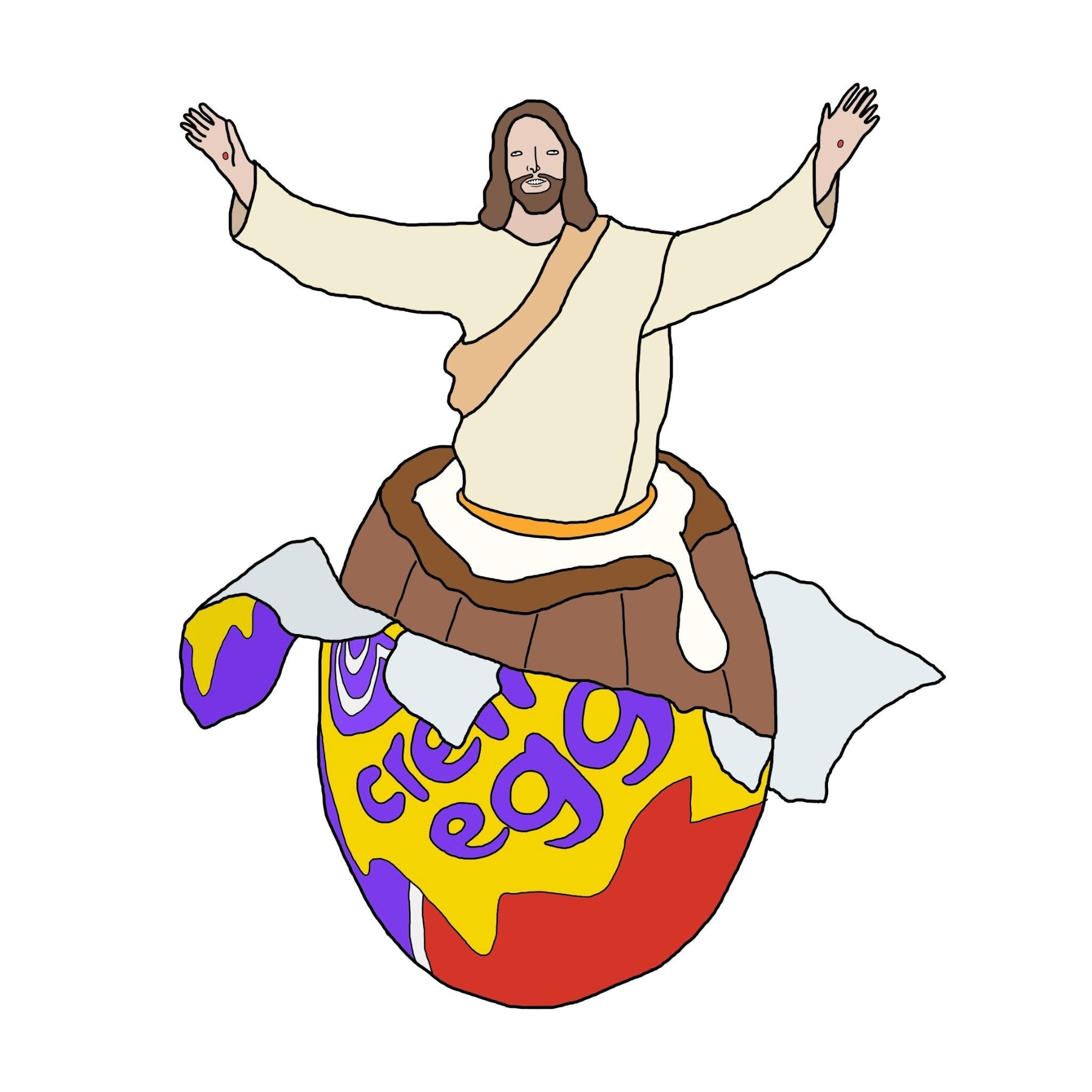 Cartoon depiction of a religious figure riding a colorful egg with creme egg text on a white background.