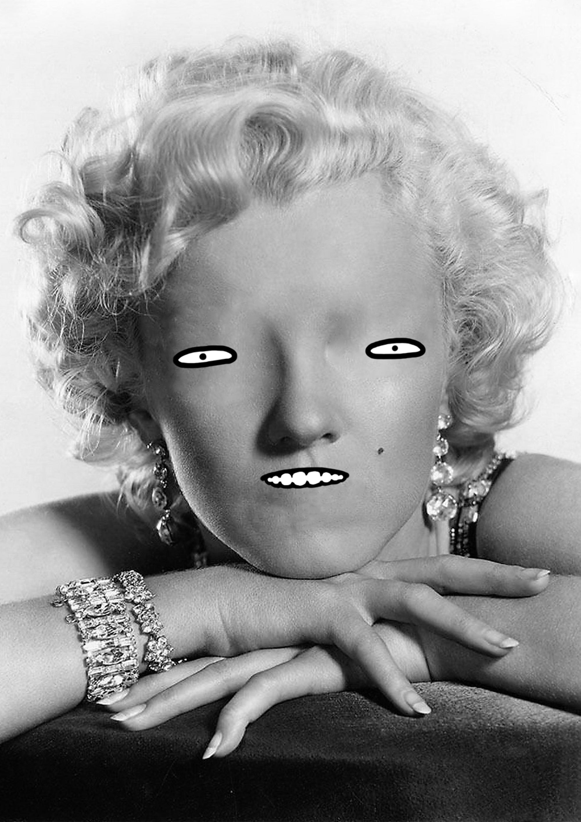Black and white portrait of a person with a stylized face, wearing jewelry.