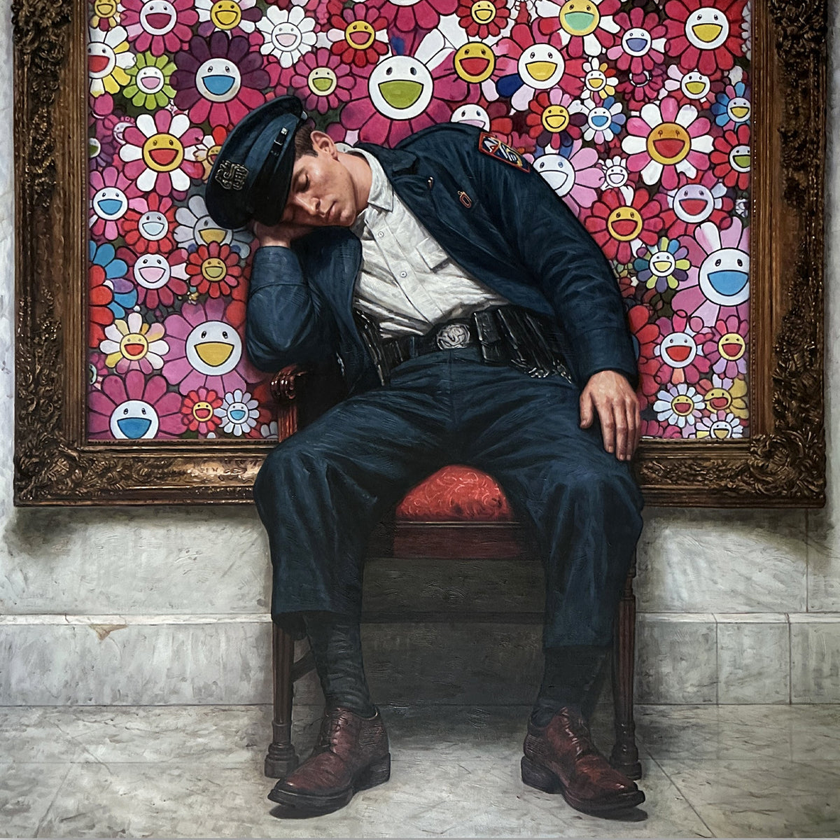 A framed art print depicting a man in a dark uniform slumped on a red chair in front of a vibrant pink floral wall covered in smiling cartoon faces, shown with a white border.