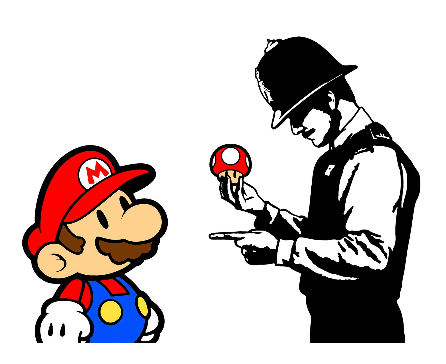 Cartoon character in red cap and blue shirt with mustache next to a black and white silhouette of a person holding a mushroom.